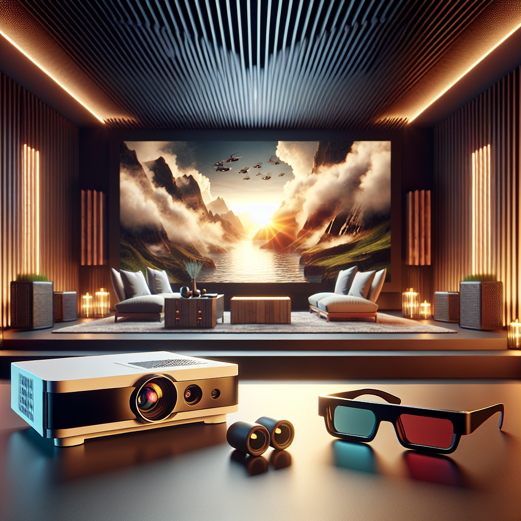 A modern home theater setup featuring a projector and compatible 3D glasses