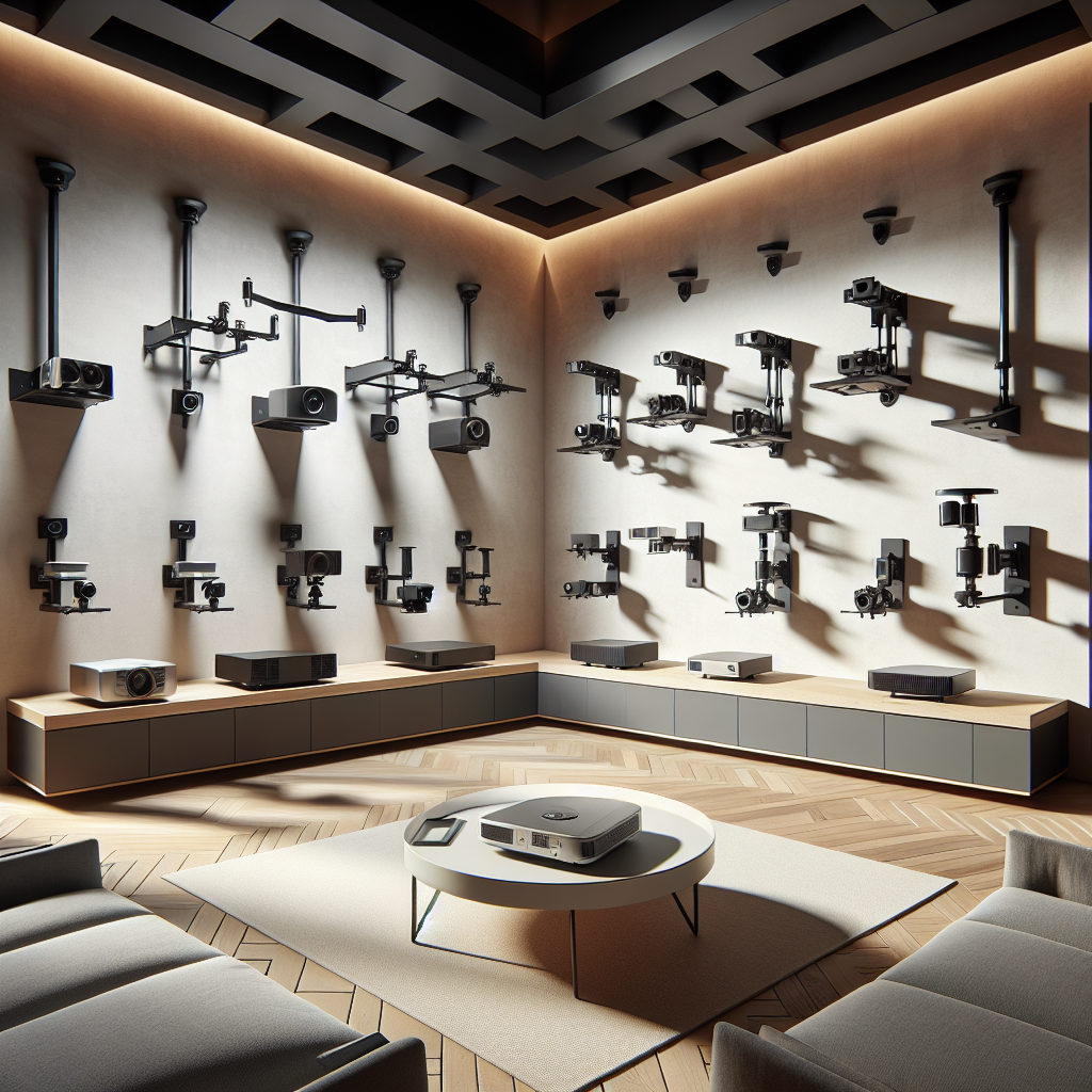 A variety of projector mounts including ceiling mount, wall mount and portable stand displayed in a modern home theater setting