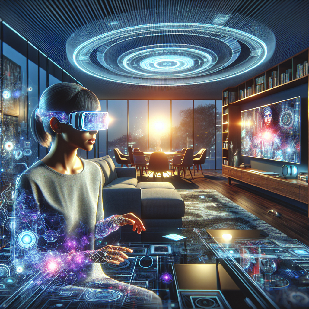 A futuristic living room with a person wearing augmented reality glasses interacting with holographic images of movies and games