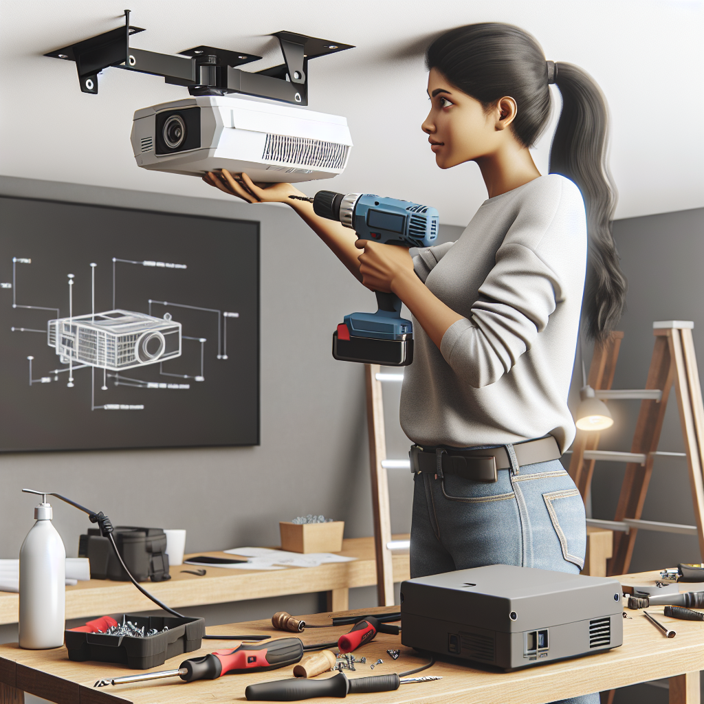 A person installing a projector mount on the ceiling with tools like a drill and screwdriver