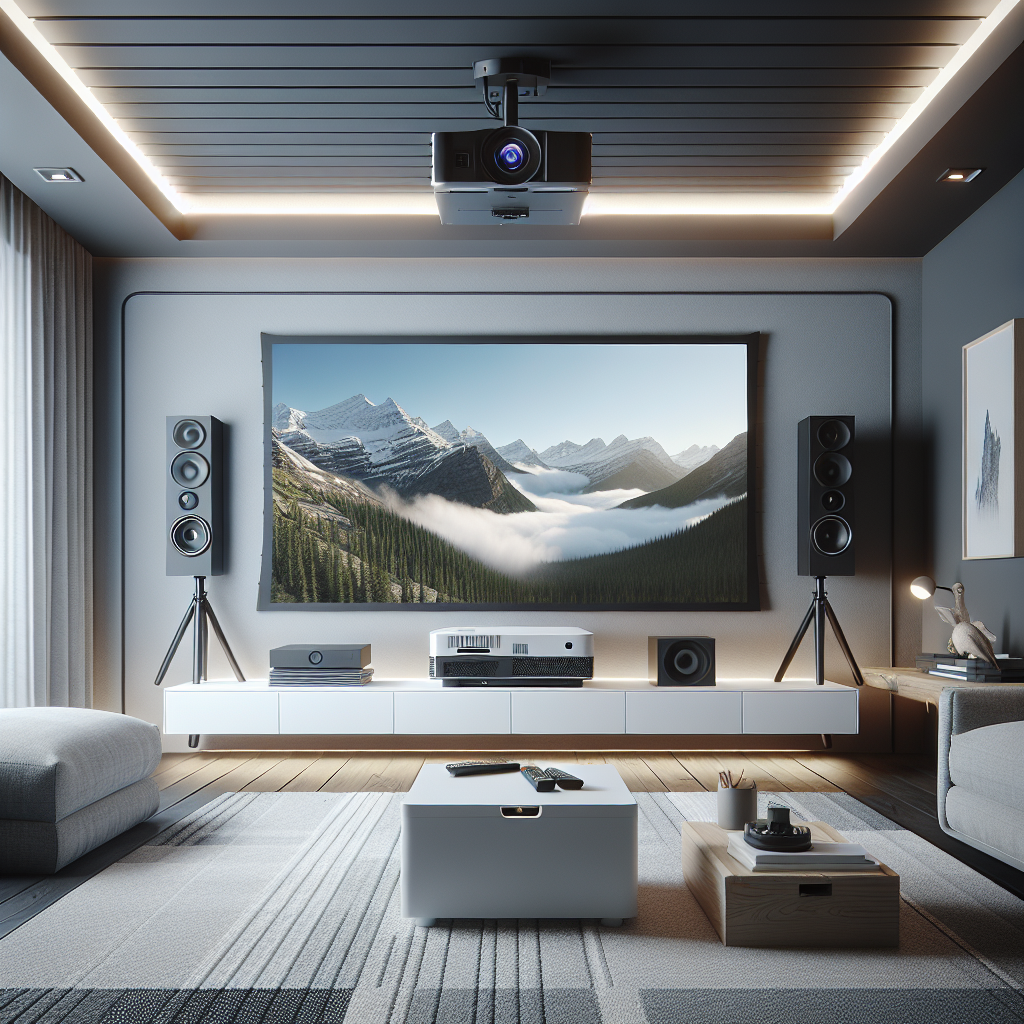 A clean and organized home theater setup with projector mounted on the ceiling and cable management solutions visible