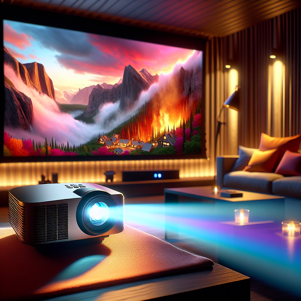 A modern home theater setup featuring a laser projector displaying a vibrant 4K movie scene on a large screen