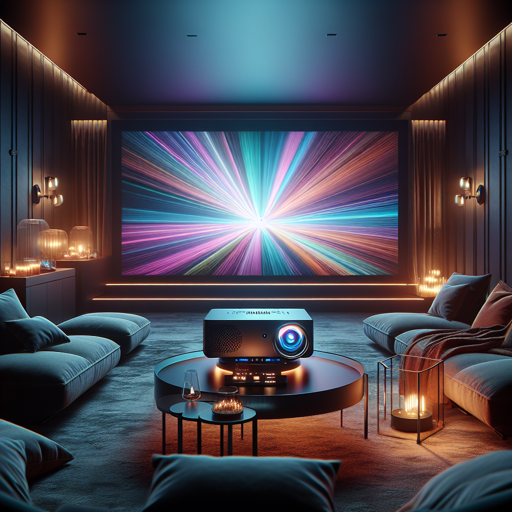 A sleek and modern laser projector set up in a cozy home cinema environment with a large screen displaying vibrant colors