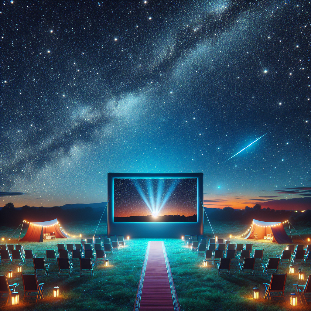 A vibrant outdoor movie night setup with a laser projector displaying a film on a large screen under the stars