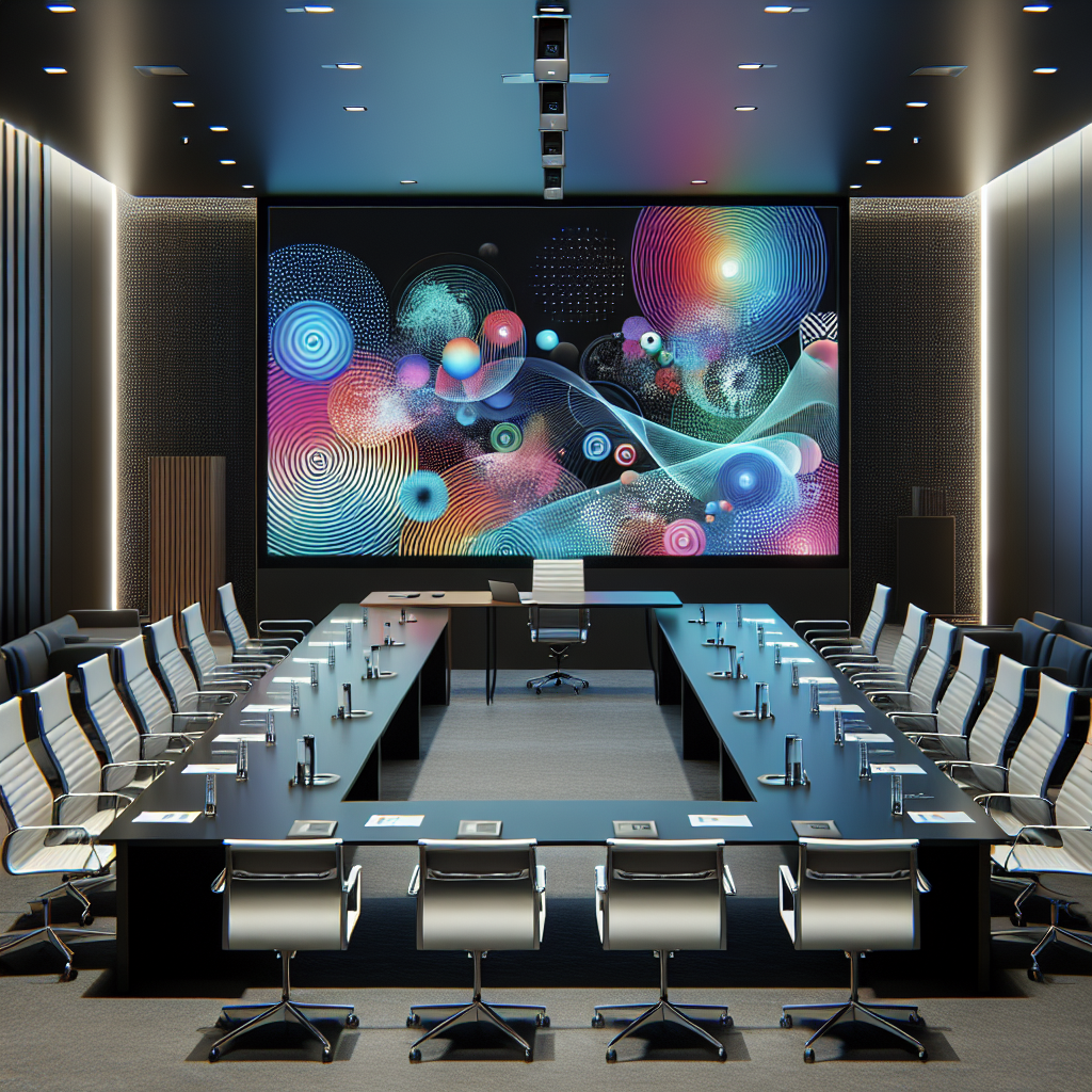 A modern conference room with a high-quality projector displaying a vibrant presentation on a screen