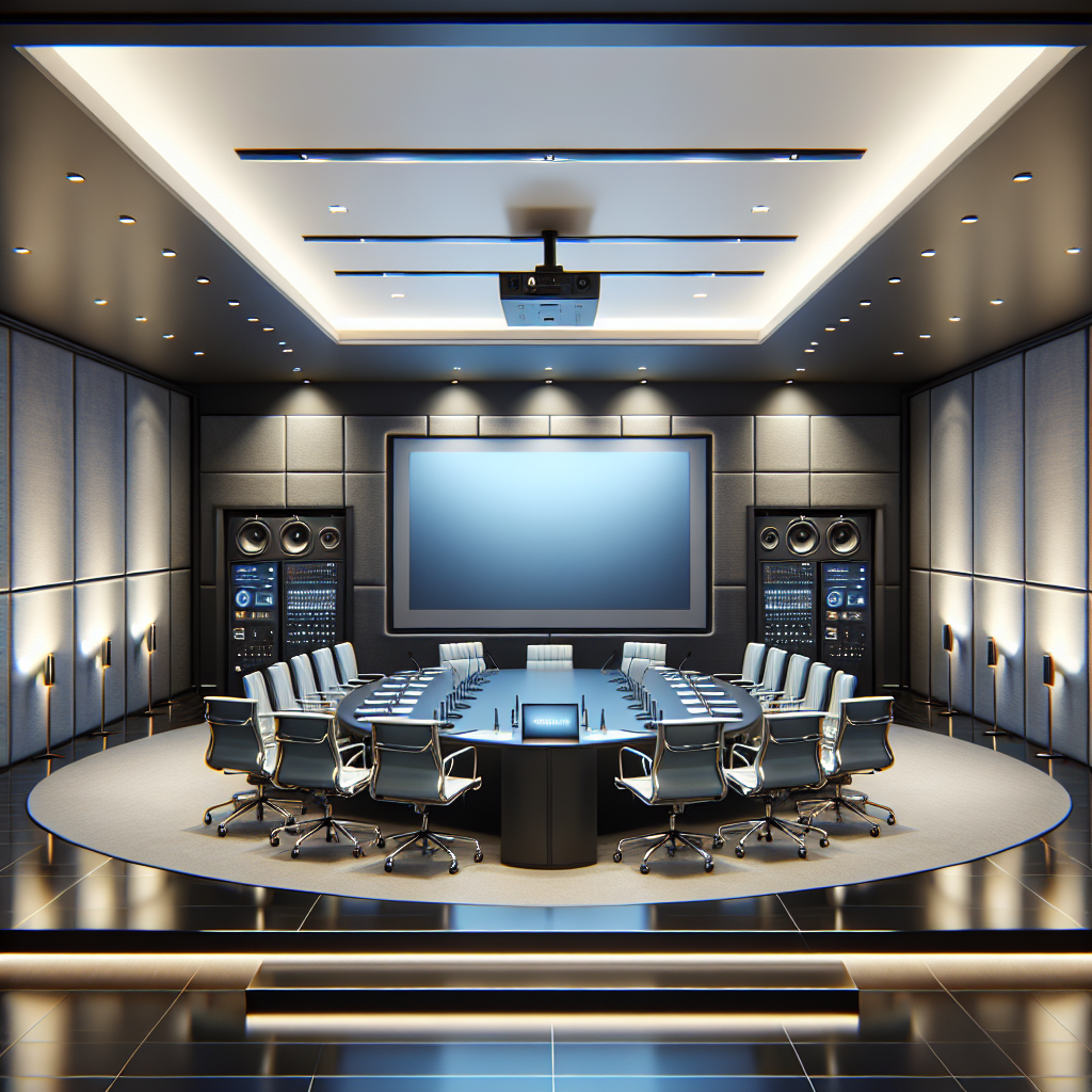 A modern conference room setup featuring a projector and screen with high-quality audio systems and control panels