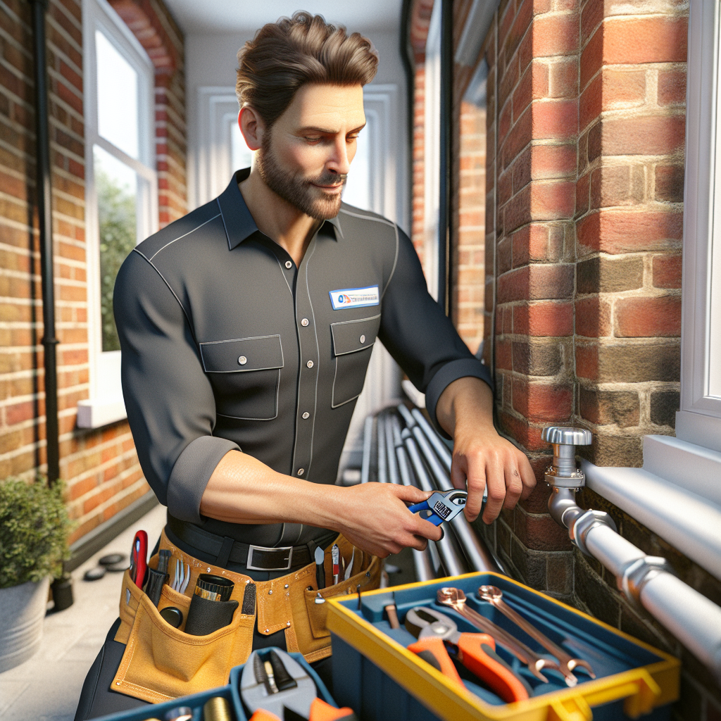 A <a href='https://bettercallwes.co.uk/#/services/central-heating'>professional plumber in Southampton</a> working on pipes inside a traditional brick terraced house, tools spread out, wearing a branded work shirt