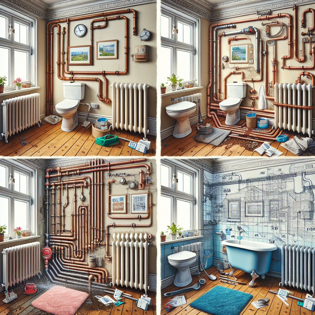 Split view of Southampton terraced house interior showing multiple plumbing challenges - old pipes, water stains, rusty radiator, leaking bathroom fixtures