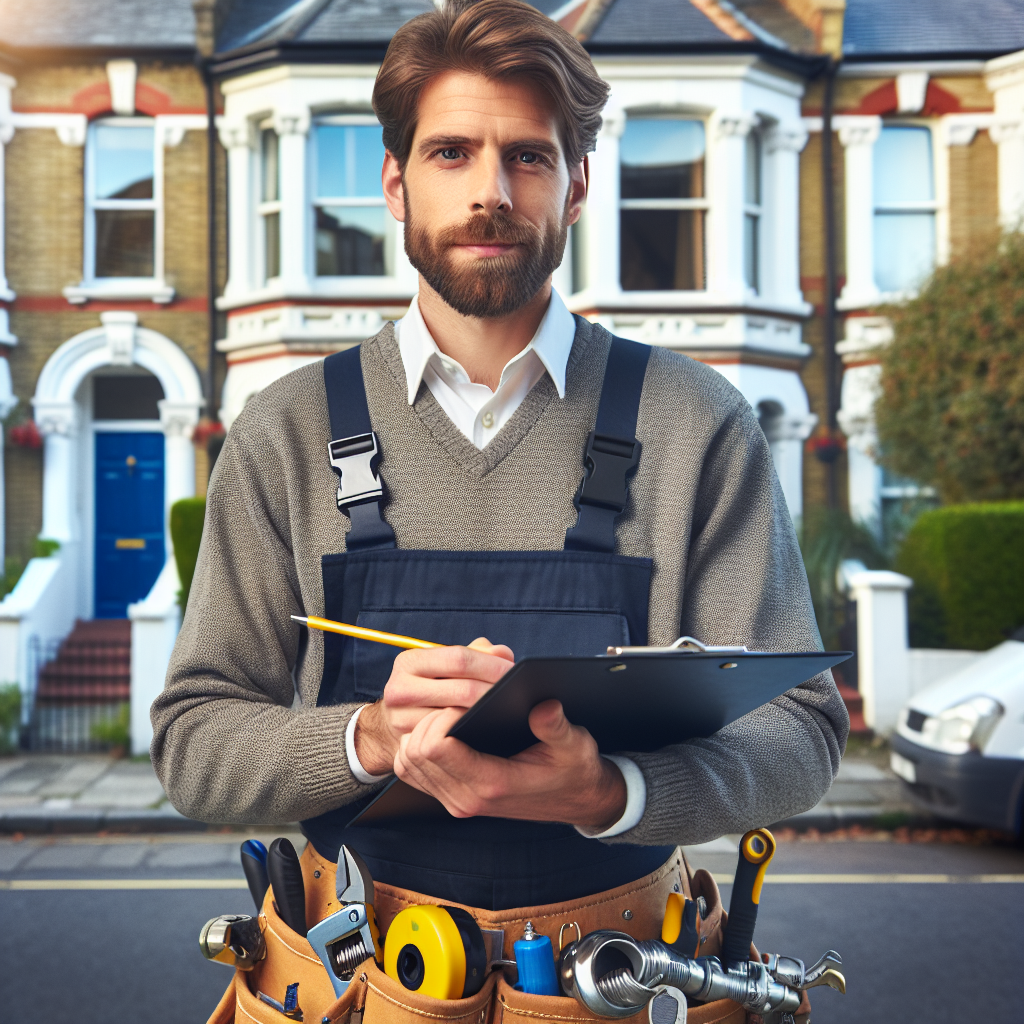 A professional plumber in Southampton checking a clipboard while standing in front of a Victorian terraced house, tools in hand, looking confident and approachable