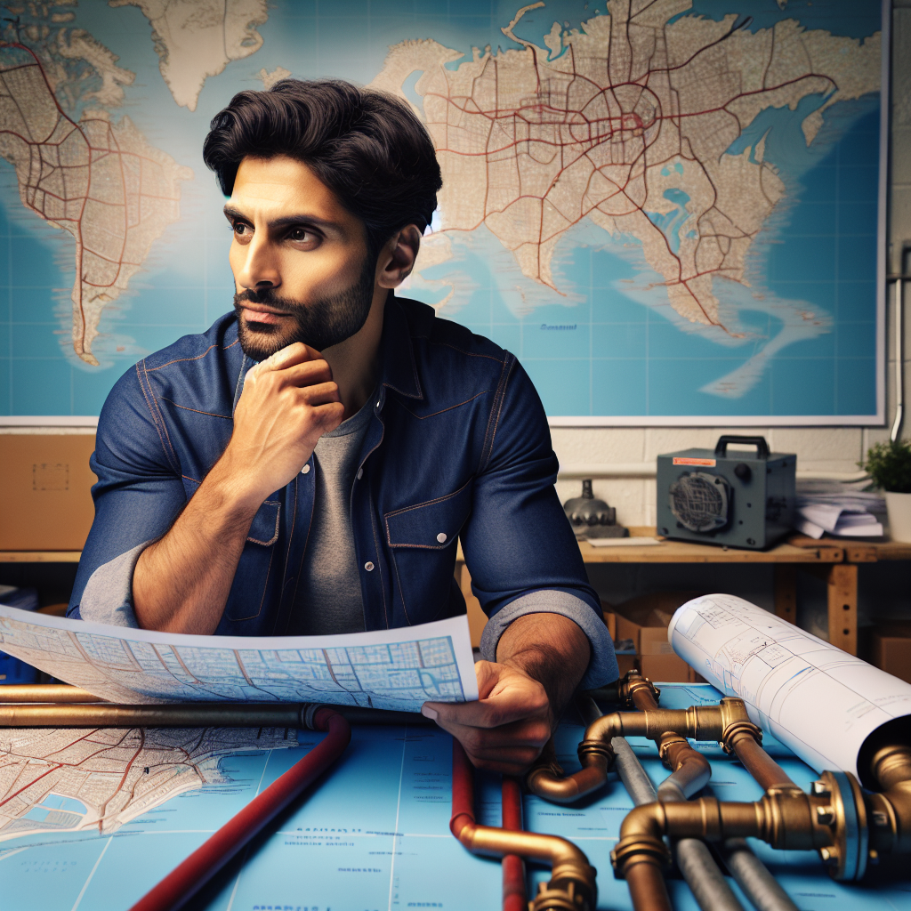 A professional plumber in Southampton workshop, surrounded by local maps of city infrastructure, examining pipe systems with technical precision