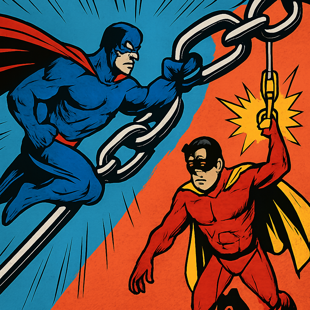 A dynamic graphic illustrating dofollow and nofollow links with superhero themes