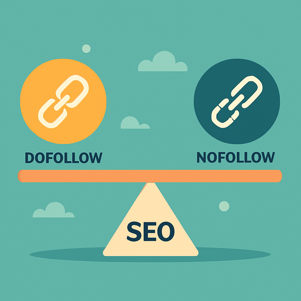 A creative visual summarizing the importance of balancing dofollow and nofollow links in SEO strategy