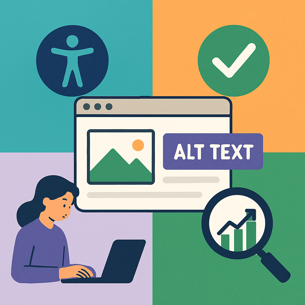A visually engaging infographic illustrating the concept of alt text in web design, showing its importance for accessibility and SEO benefits