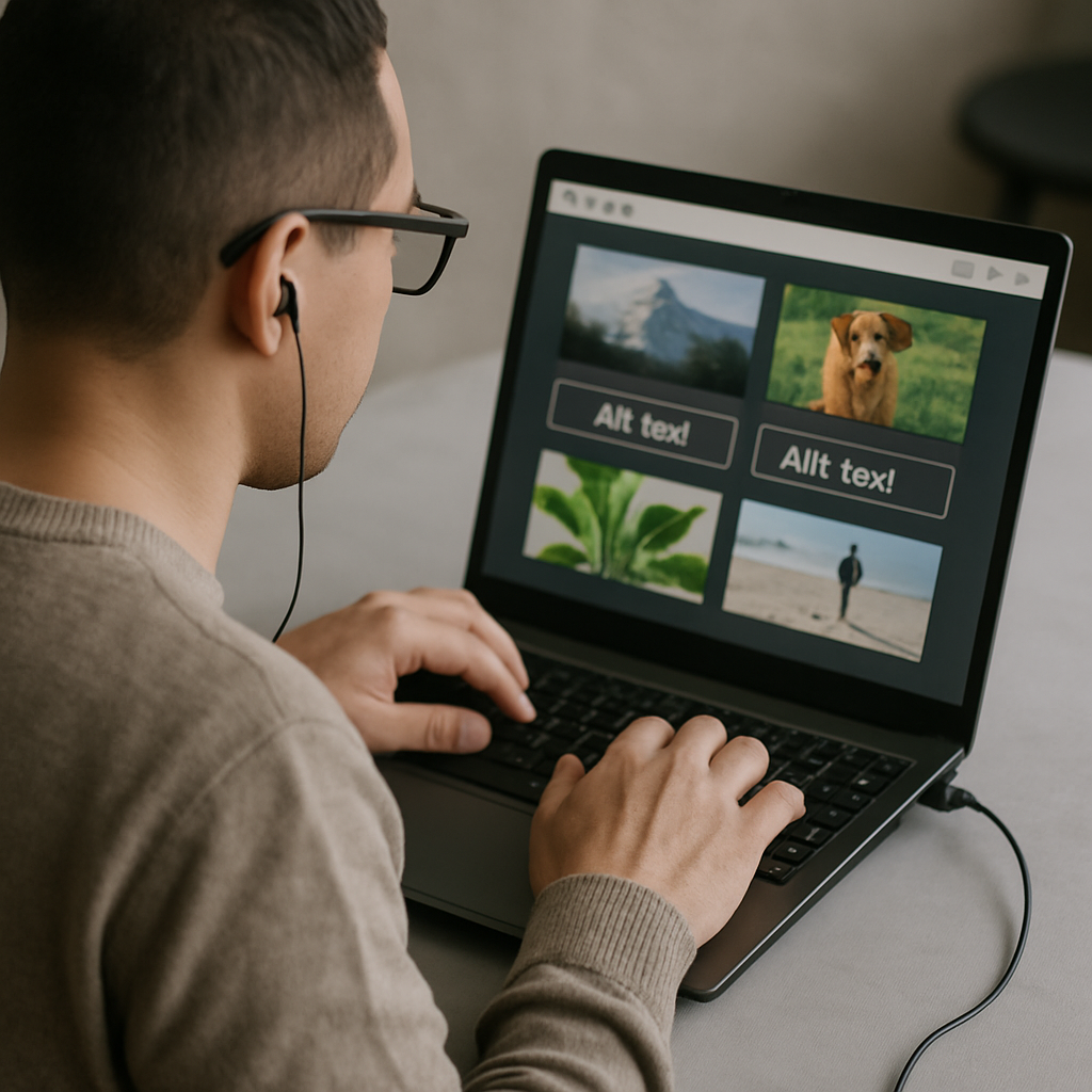 A visually impaired person using a screen reader on a laptop while browsing a website with images and accessible alt text