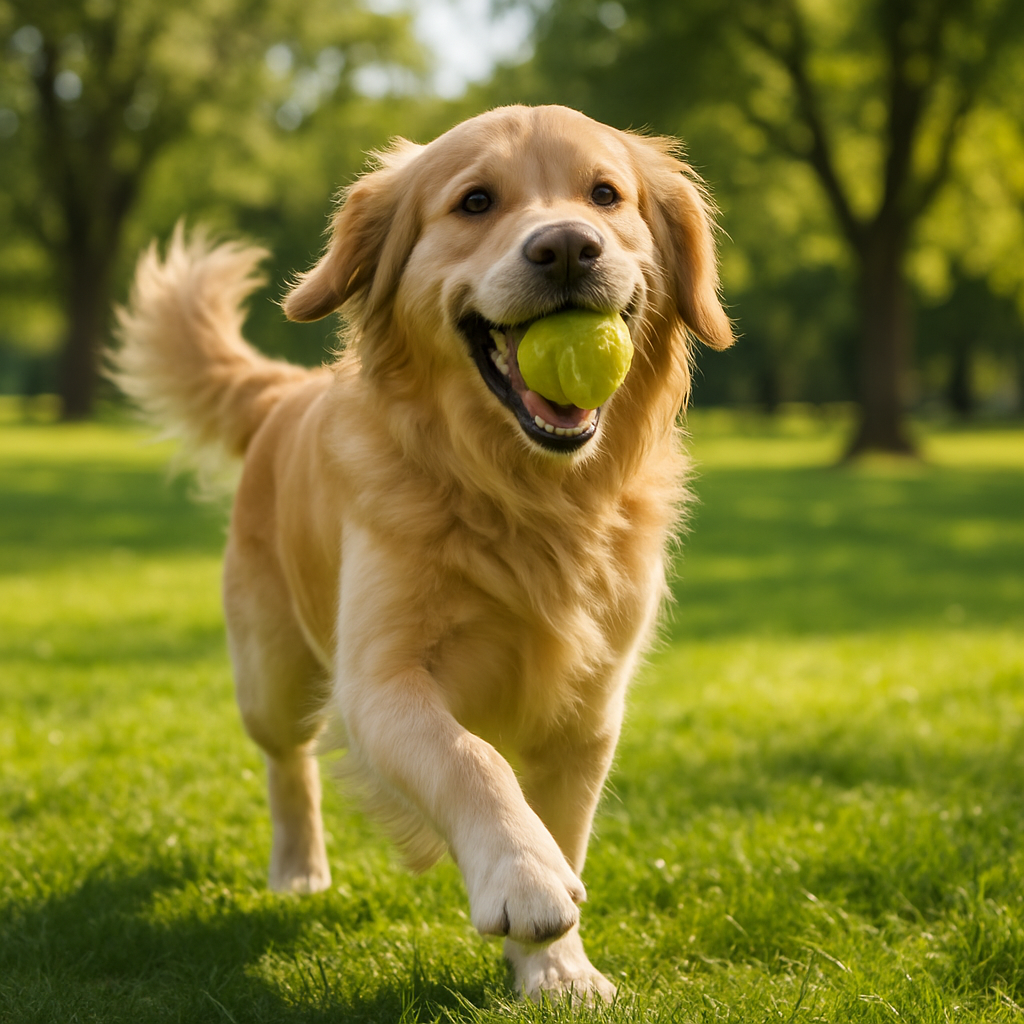A golden retriever playing fetch in a sunny park
