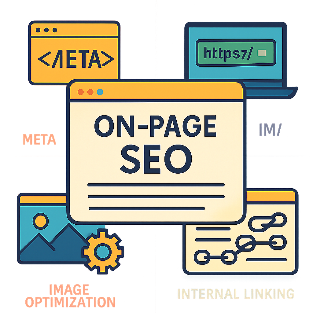 A colorful infographic illustrating key on-page SEO factors such as meta tags, URL structure, image optimization, and internal linking strategies