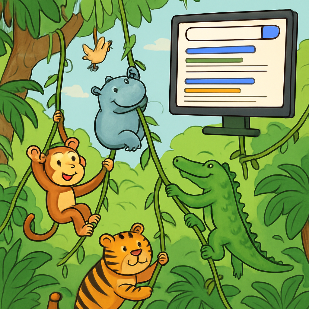 A whimsical illustration of a jungle with various animals representing different SEO strategies climbing vines towards a computer screen displaying search results