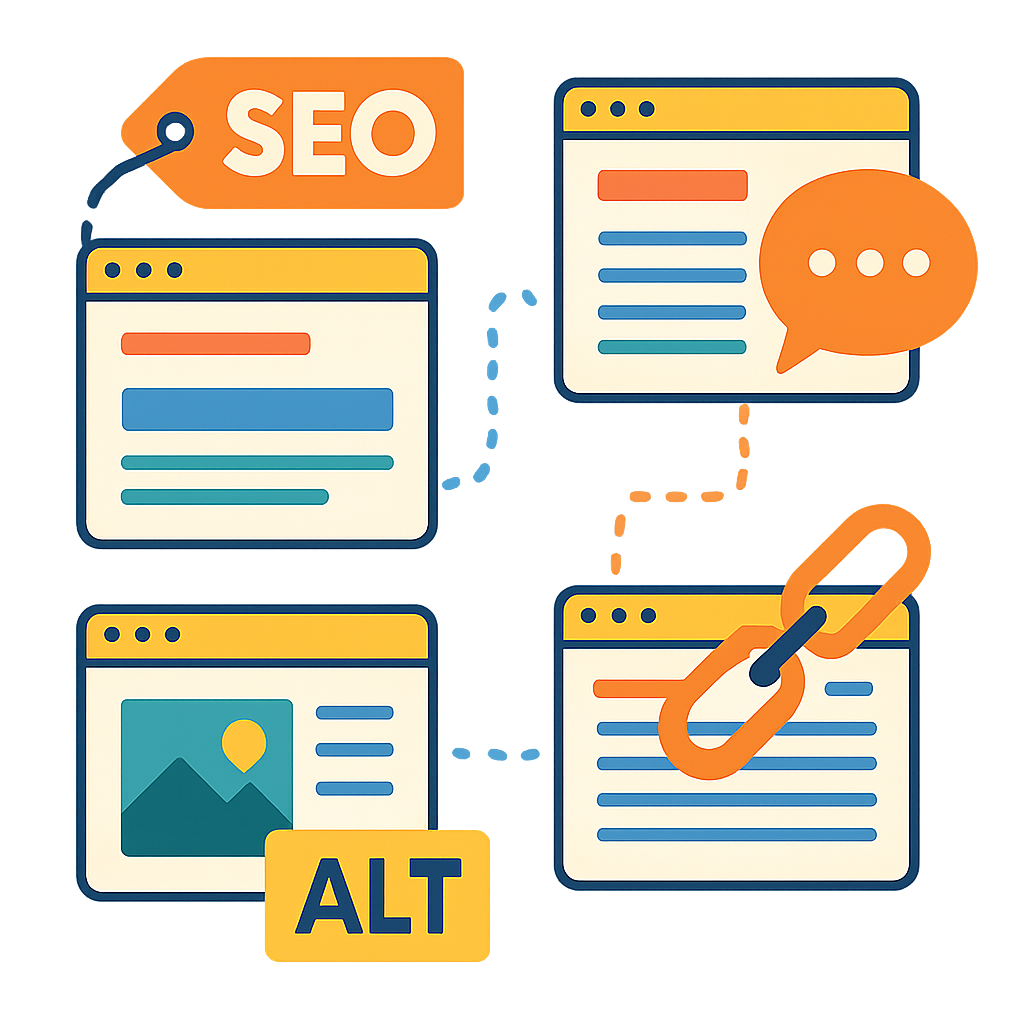 A colorful infographic illustrating on-page SEO strategies including title tag optimization, effective meta descriptions, alt text for images, and internal linking structure enhancement