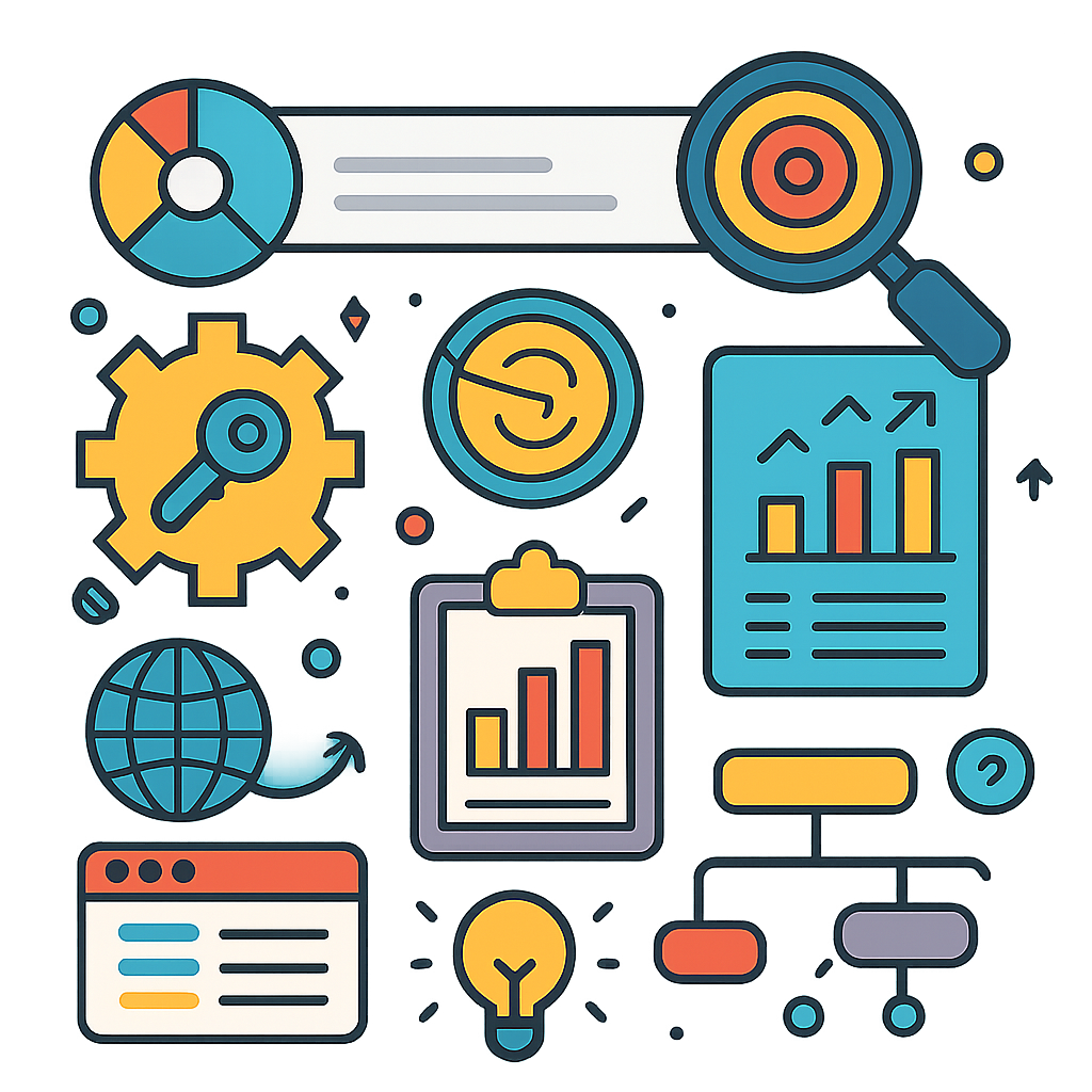 A colorful infographic showing various keyword research tools and techniques with icons representing each tool