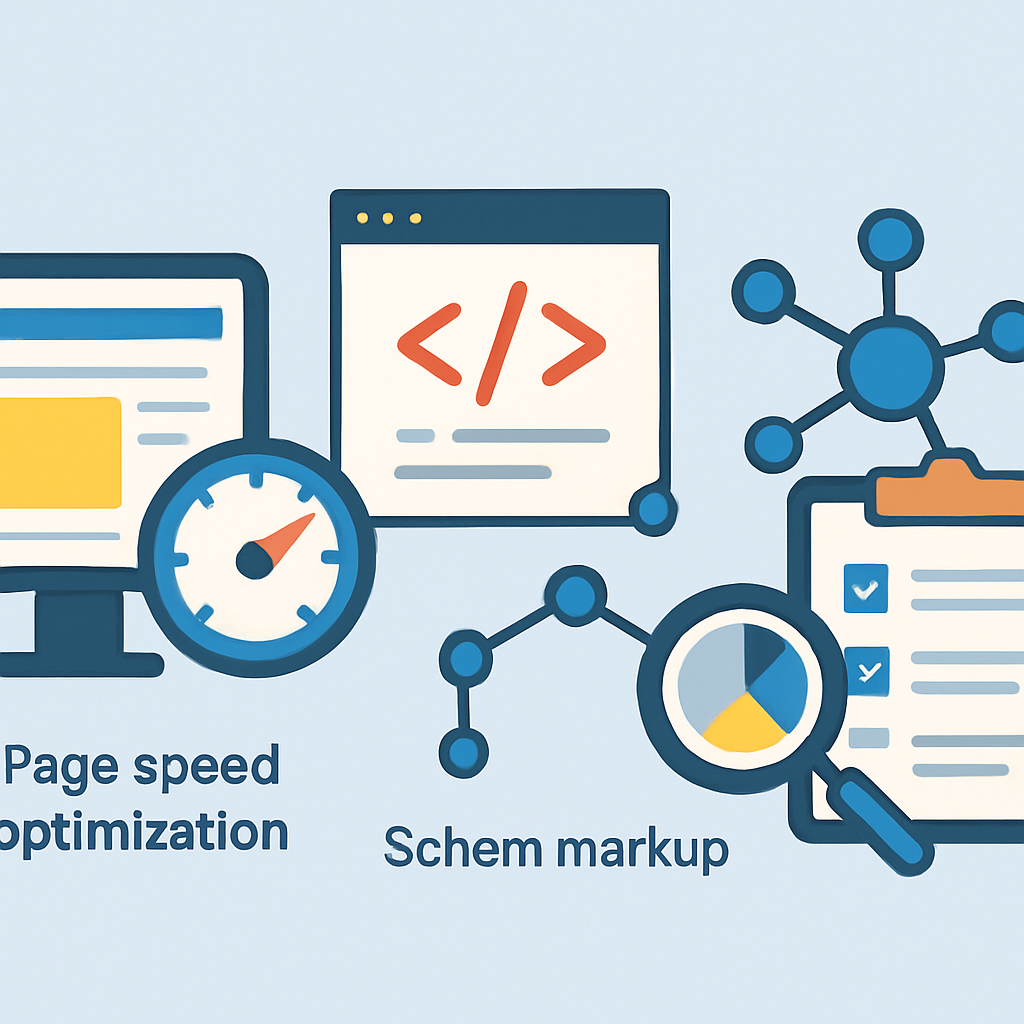 An infographic showing key elements of technical SEO including page speed optimization, schema markup implementation, and site audit tools