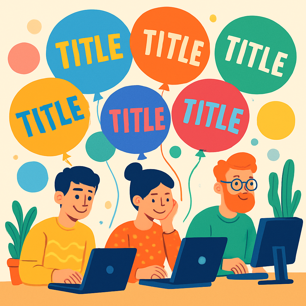 A vibrant illustration showing various online title generators at work, with colorful titles floating around like balloons