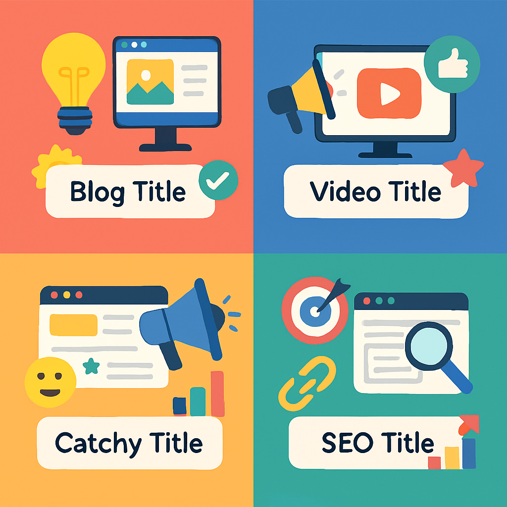 A colorful infographic showing different types of title generators and their features
