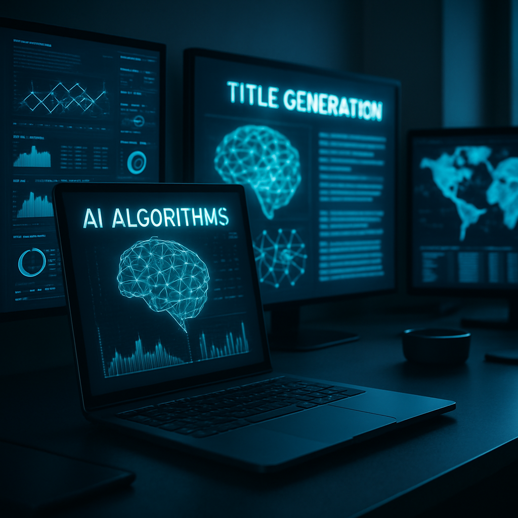 A futuristic digital workspace showing AI algorithms analyzing data for title generation