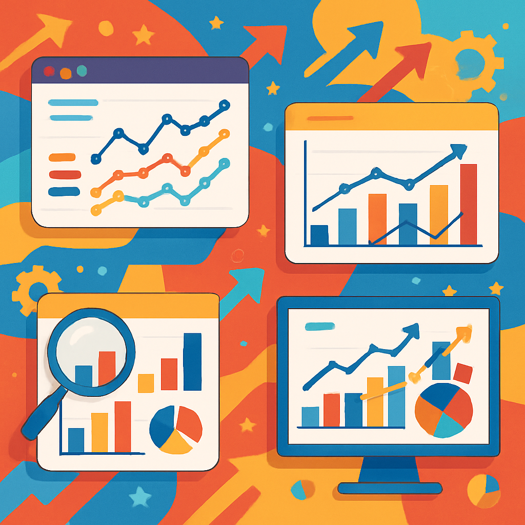 A vibrant illustration showing various SEO competitor analysis tools in action with graphs and charts, depicting data visualization