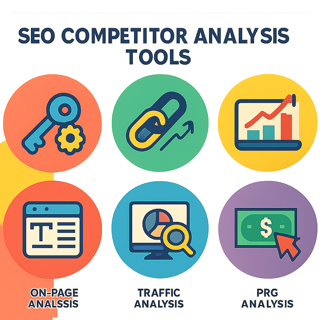 A colorful infographic displaying various types of SEO competitor analysis tools with icons representing each category