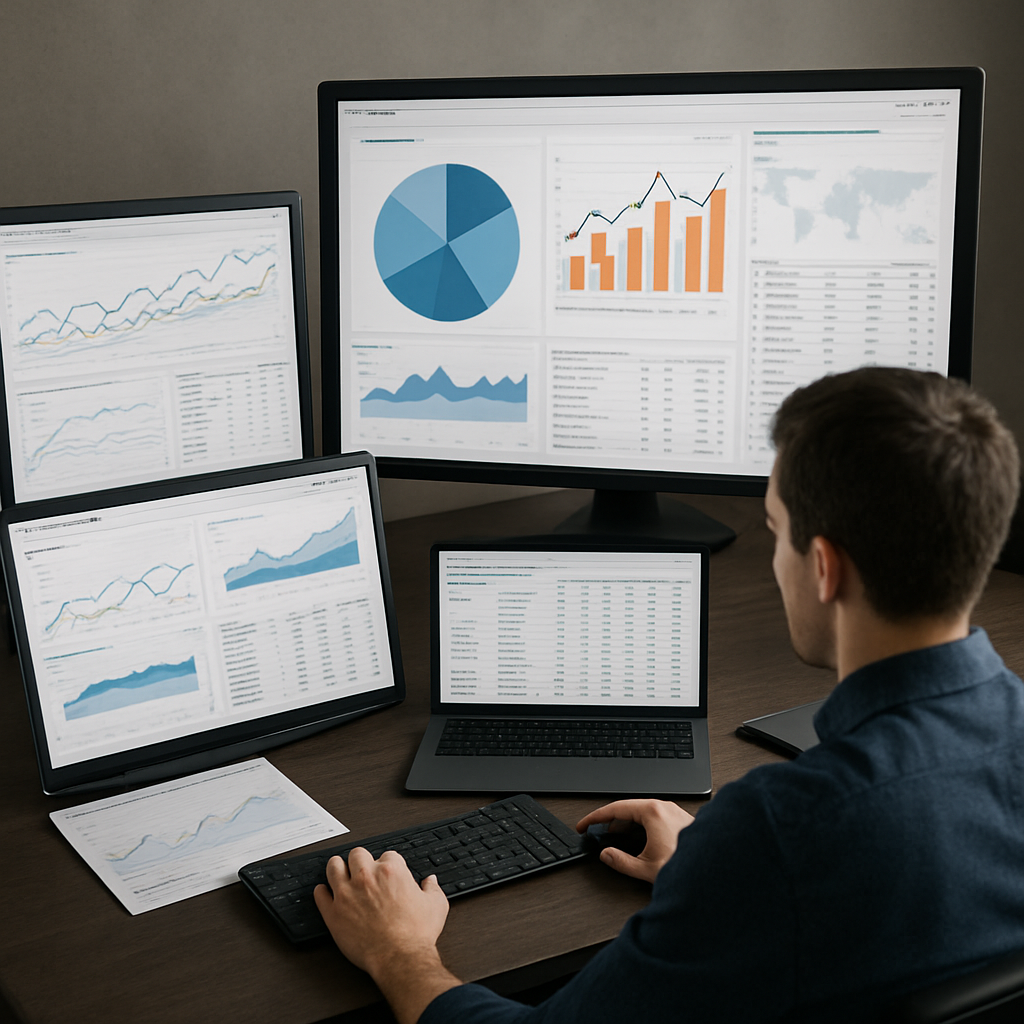 A person sitting at a desk with multiple screens showing different SEO competitor analysis tools with graphs and data visualizations