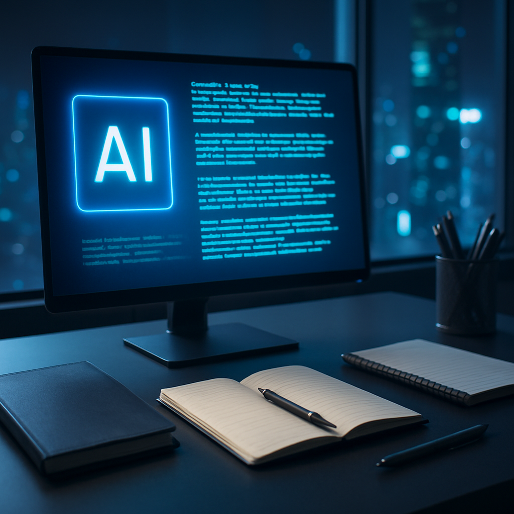 A futuristic workspace with a computer displaying AI-generated text alongside traditional writing tools like notebooks and pens