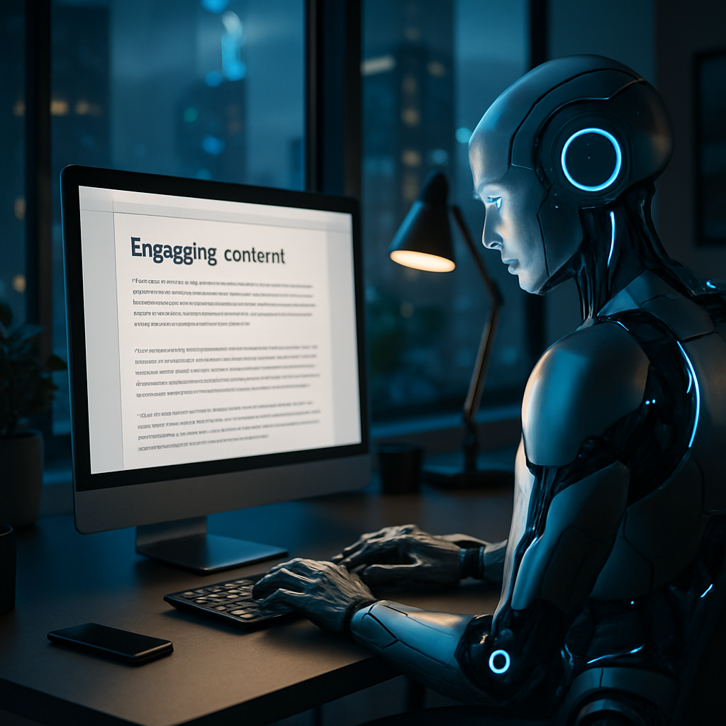 A futuristic workspace with an AI writing assistant generating engaging content on a computer screen