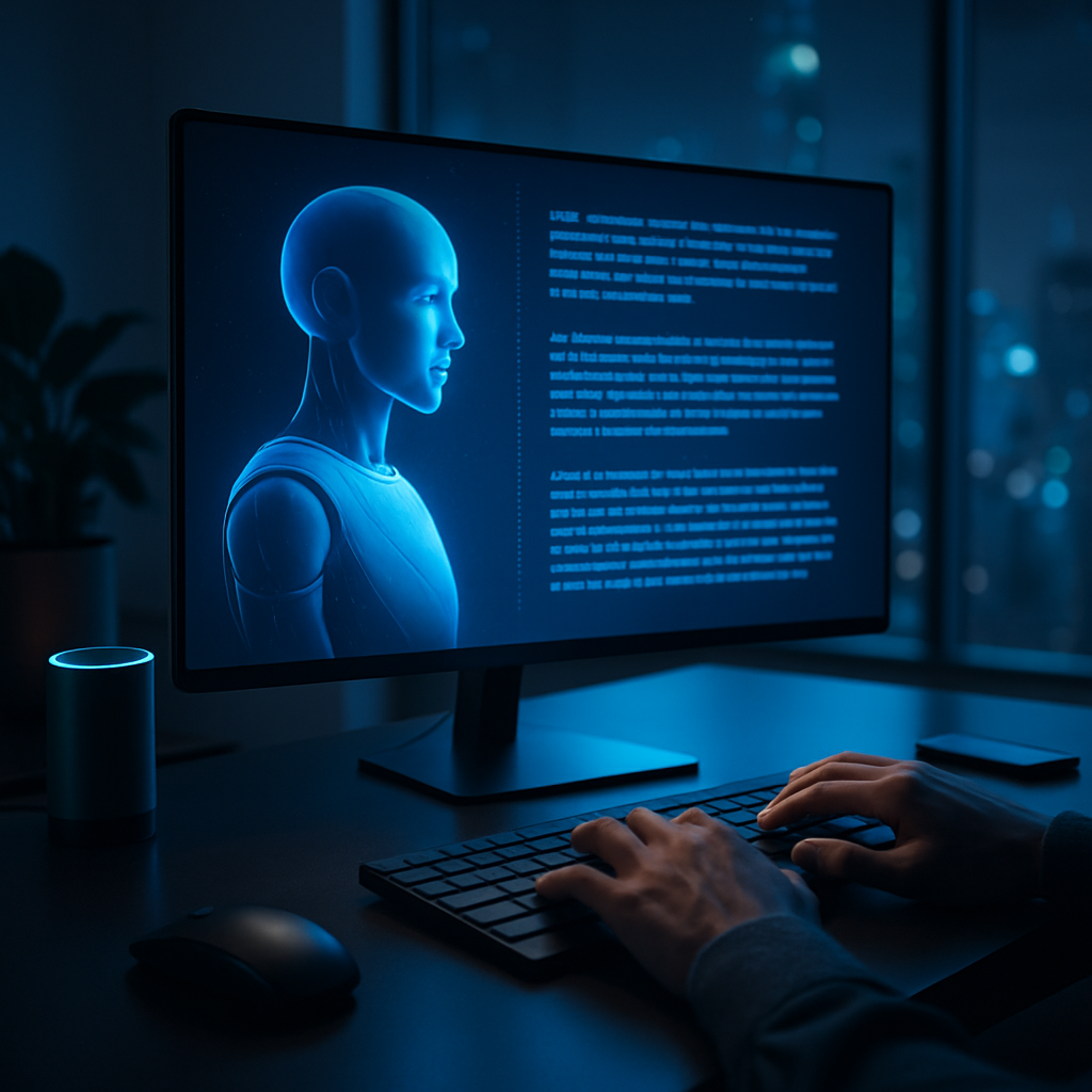 A futuristic digital workspace with an AI assistant generating engaging paragraphs on a computer screen