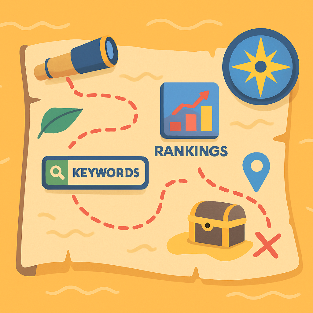 A whimsical illustration of a treasure map with SEO elements like keywords and rankings marked on it