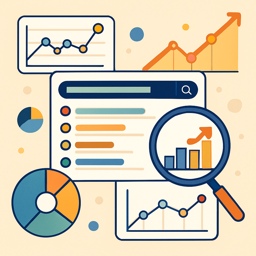 A visual representation of SEO rankings with graphs and charts showing keyword performance