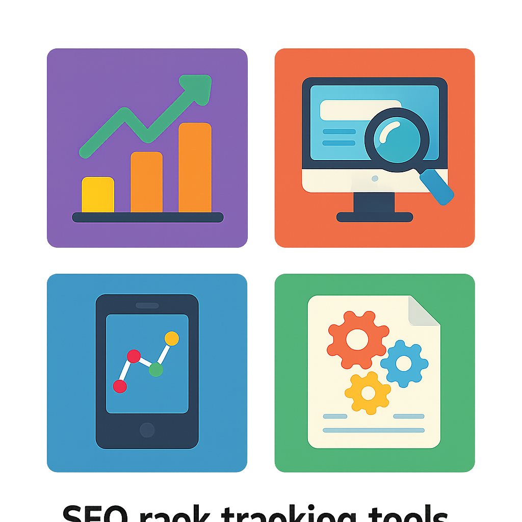 A colorful infographic illustrating different types of SEO rank tracking tools with icons representing each type