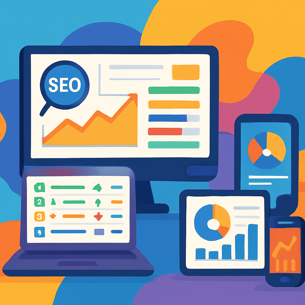 A vibrant illustration showing different SEO rank tracking software interfaces on various devices like desktop and mobile screens