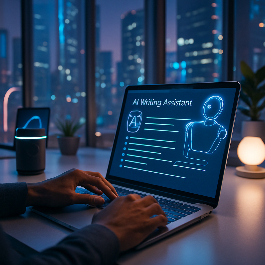 A futuristic workspace showing a person using an AI writing assistant on their laptop with outlines appearing on the screen