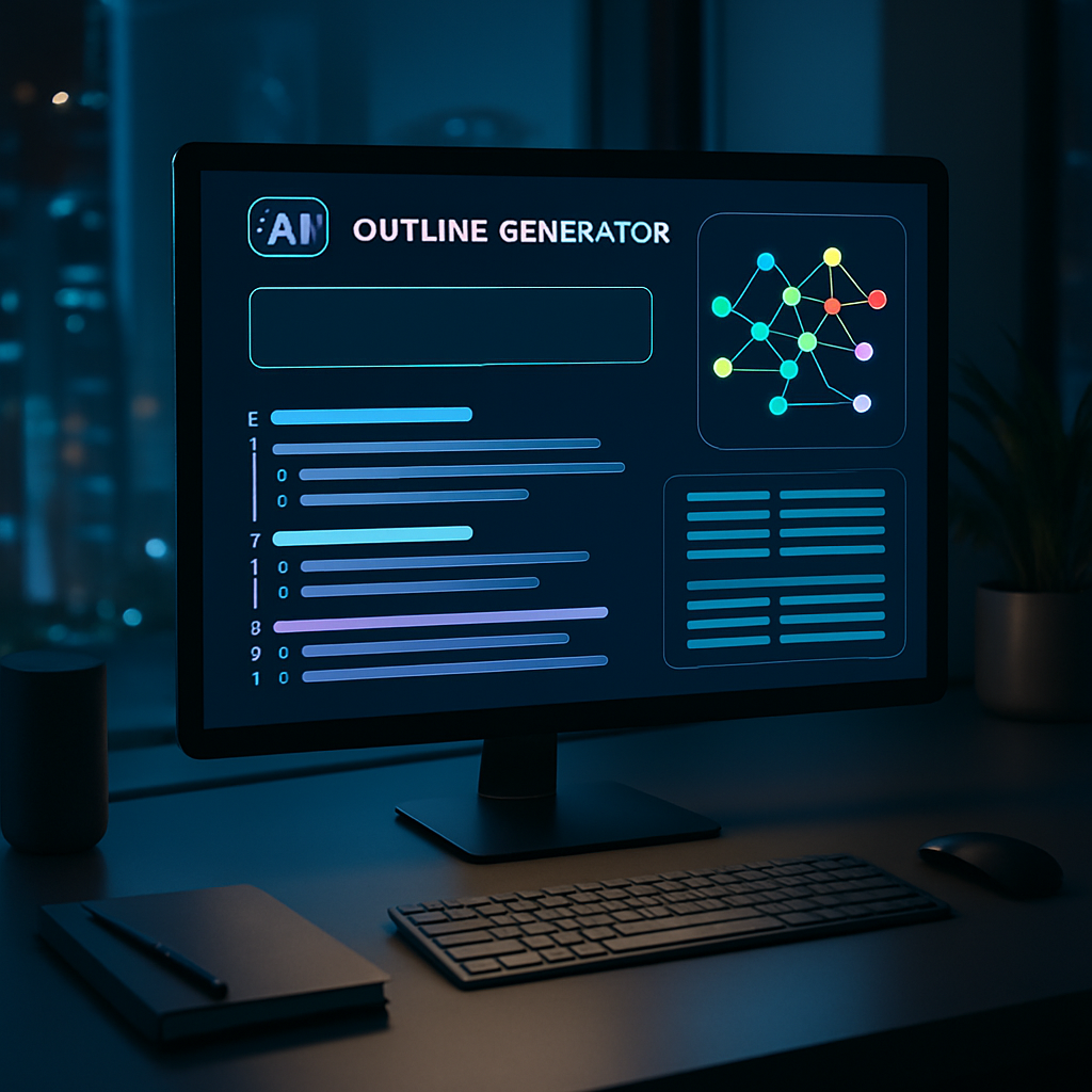 A futuristic digital workspace showing a computer screen with an AI-powered outline generator interface, colorful diagrams, and structured text blocks