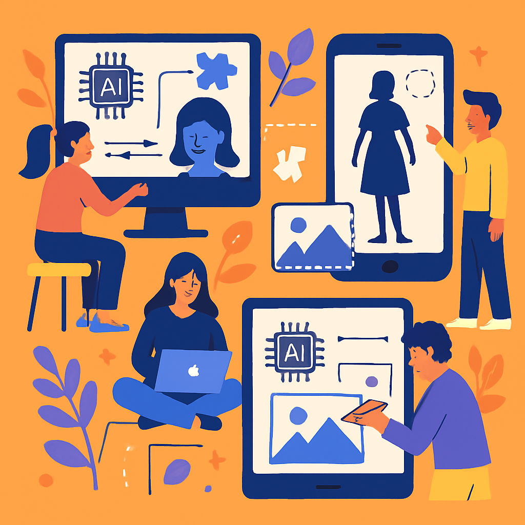 A vibrant illustration showcasing various AI outline generators in action, depicting users interacting with digital tools while creating content.