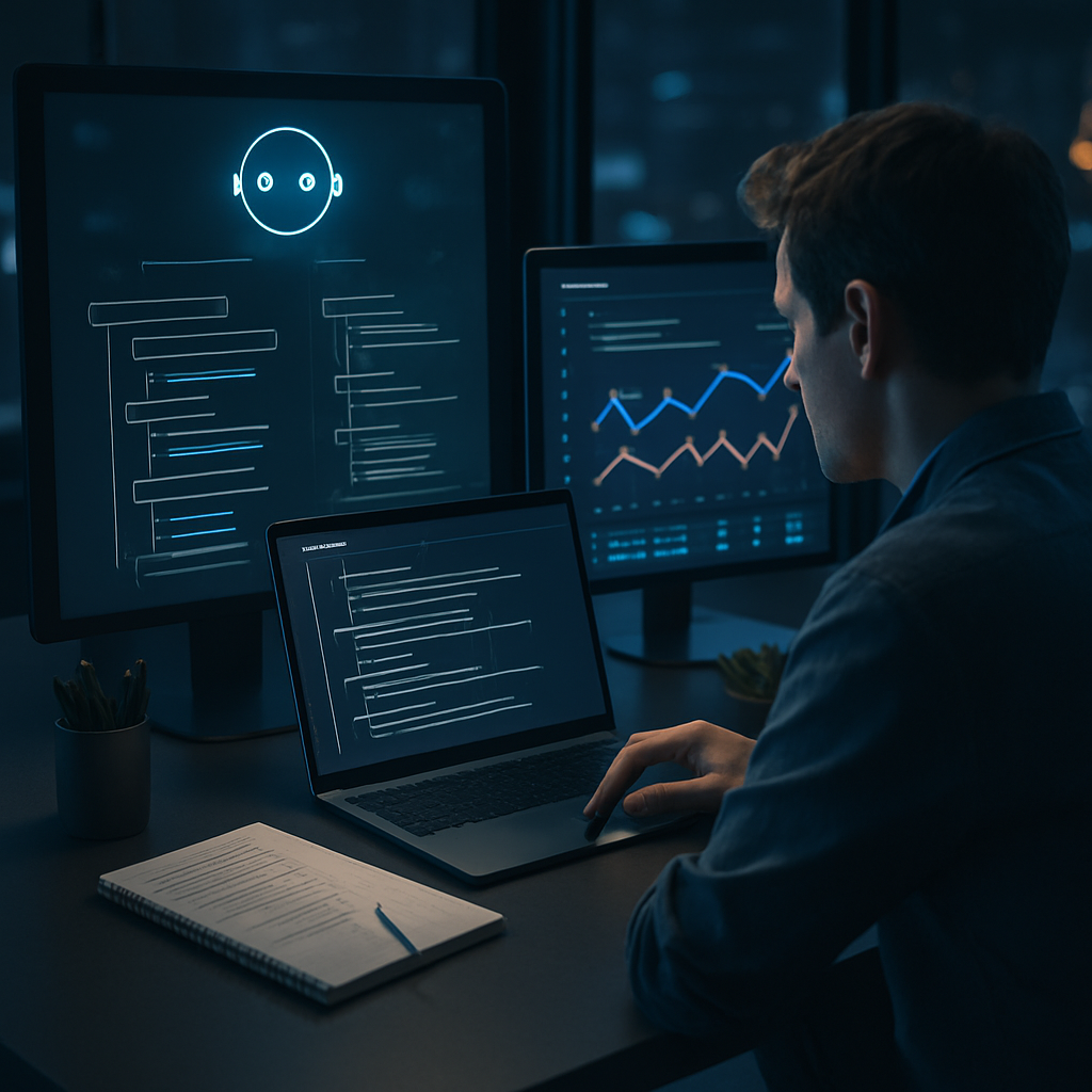 A futuristic digital workspace with AI tools assisting a writer in creating outlines, featuring screens displaying automated outlines and graphs