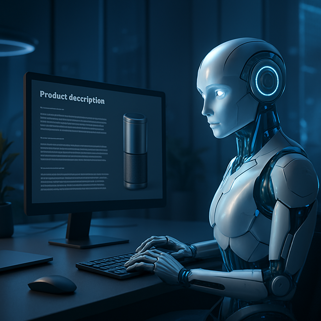 A futuristic workspace with an AI assistant generating product descriptions on a computer screen