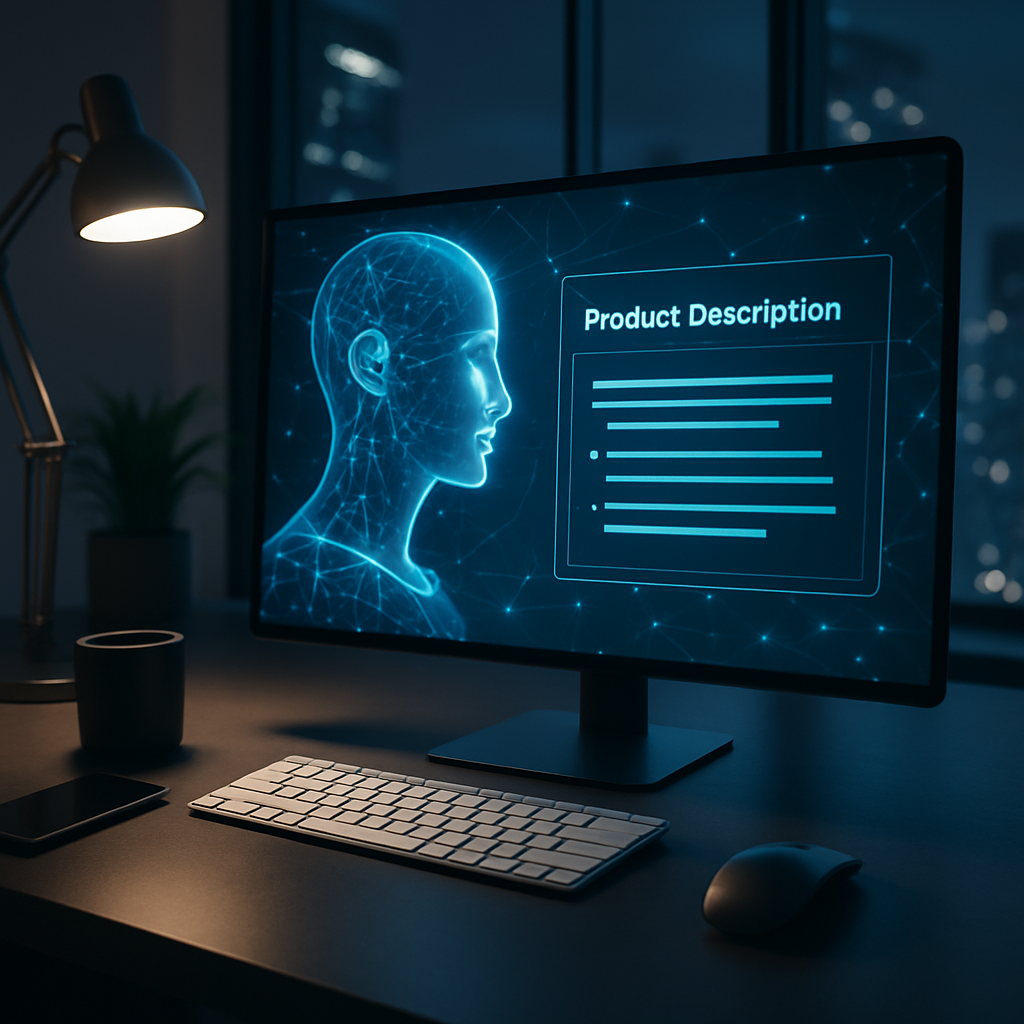 A futuristic workspace with an AI interface generating engaging product descriptions on screen