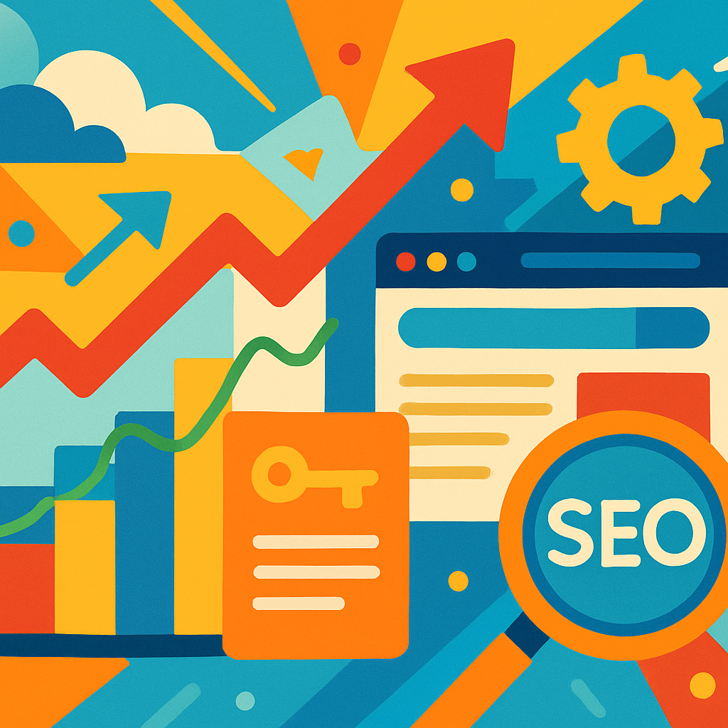 A vibrant digital marketing scene with SEO elements like graphs, keywords, and web pages symbolizing improved Google rankings
