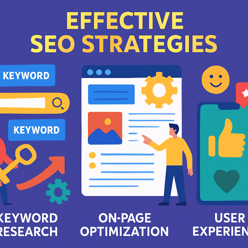 An infographic showing effective SEO strategies including keyword research, on-page optimization techniques, user experience tips, with vibrant colors and engaging design