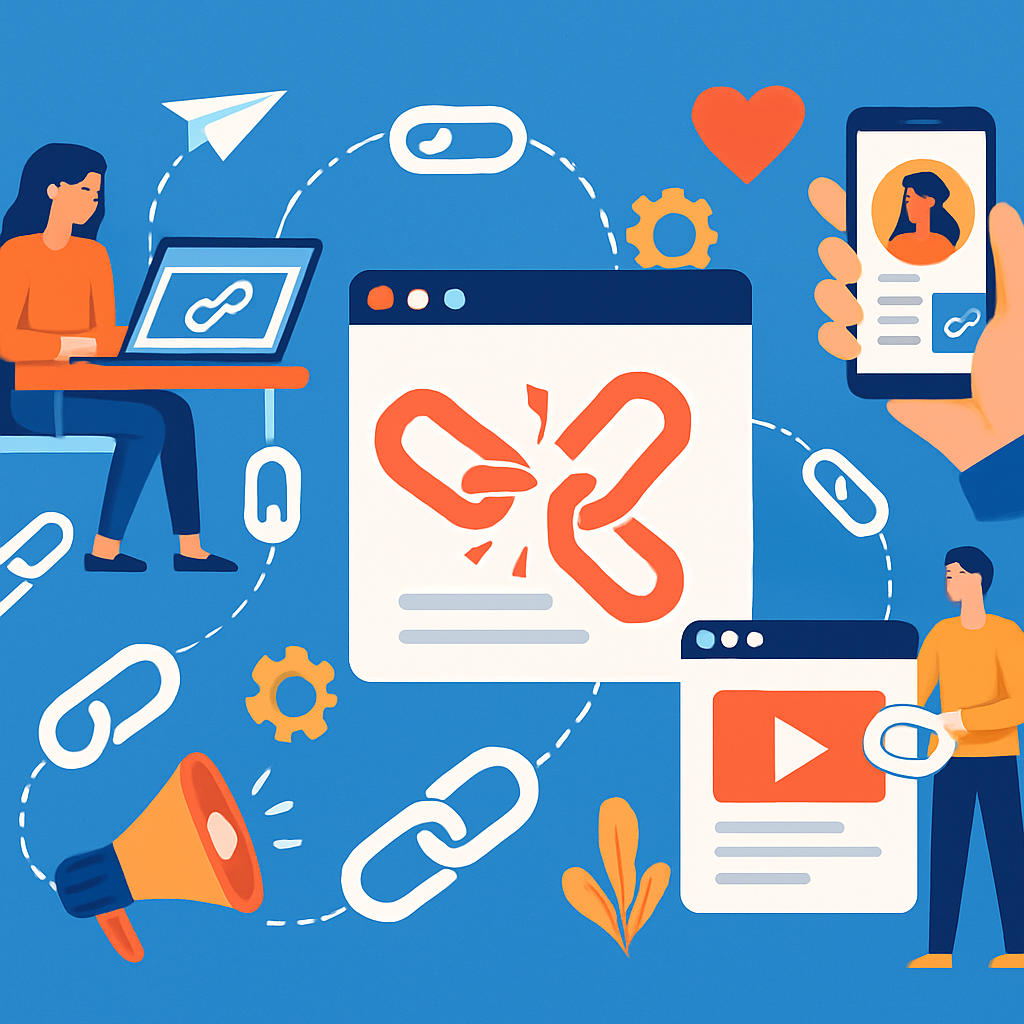A vibrant illustration showing various link building strategies like guest blogging, broken link building, and social media sharing