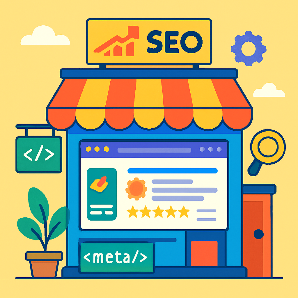 A vibrant digital storefront showcasing SEO elements like meta tags and rich snippets