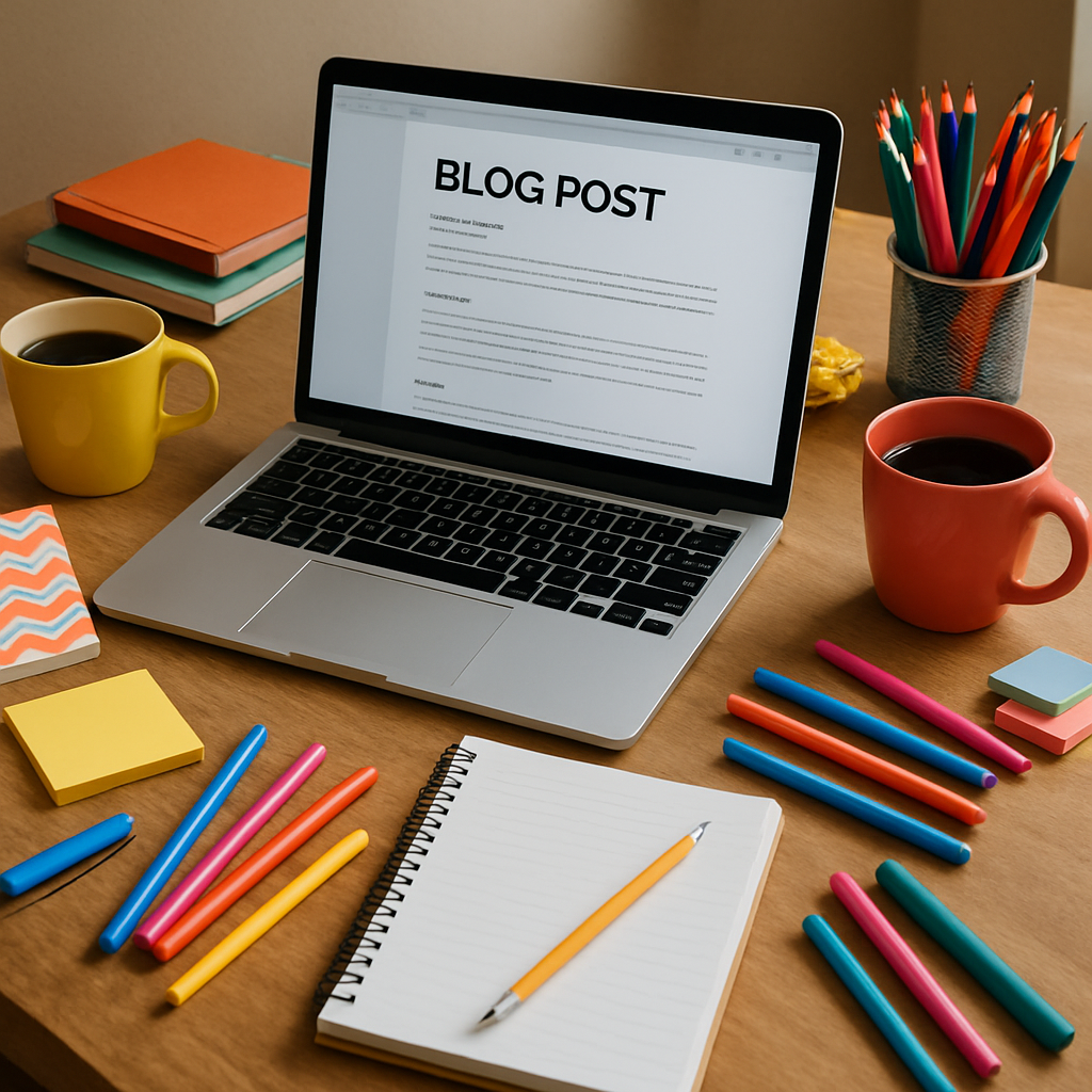 A creative workspace with a laptop open on a blog post draft, surrounded by coffee cups, notebooks, and colorful stationery. The scene conveys inspiration and productivity.