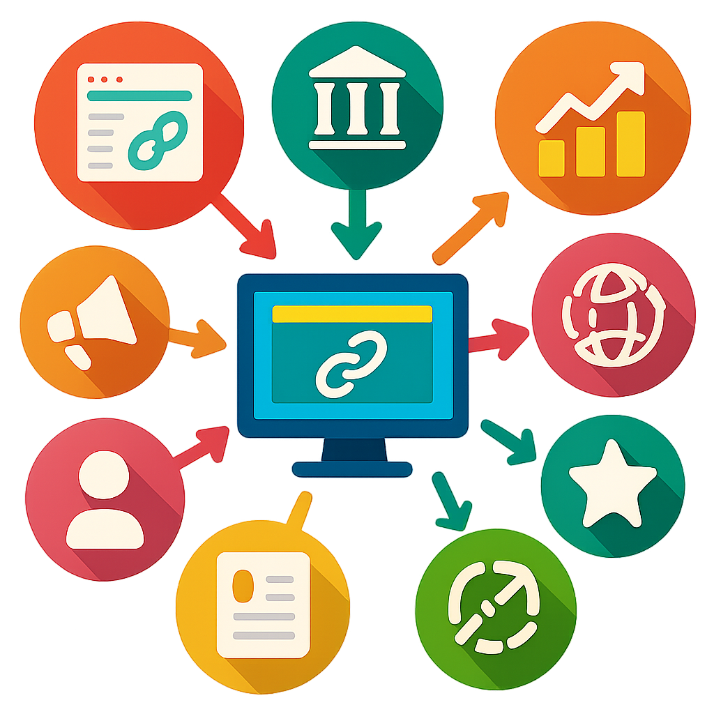 A vibrant infographic representing various types of backlinks and their benefits in a visually engaging way