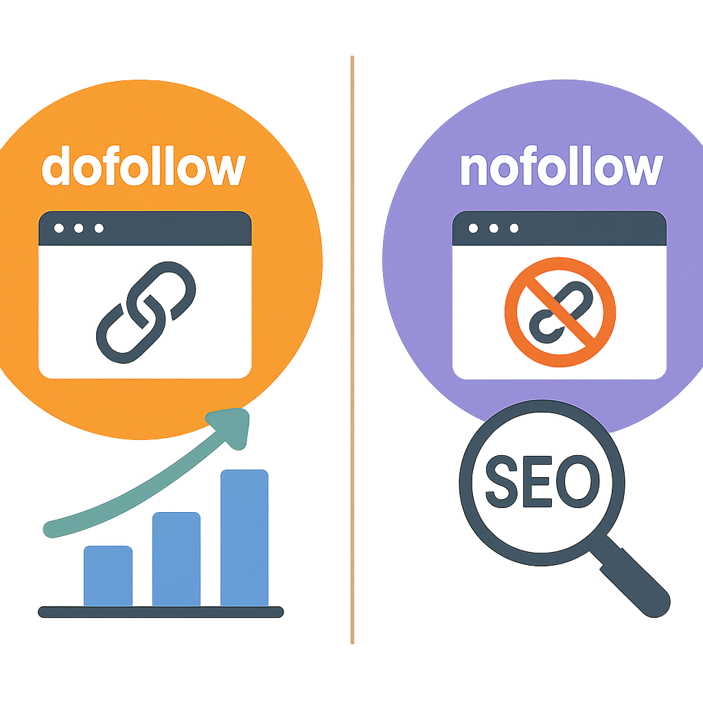 An infographic comparing dofollow and nofollow backlinks with visuals showing their effects on SEO